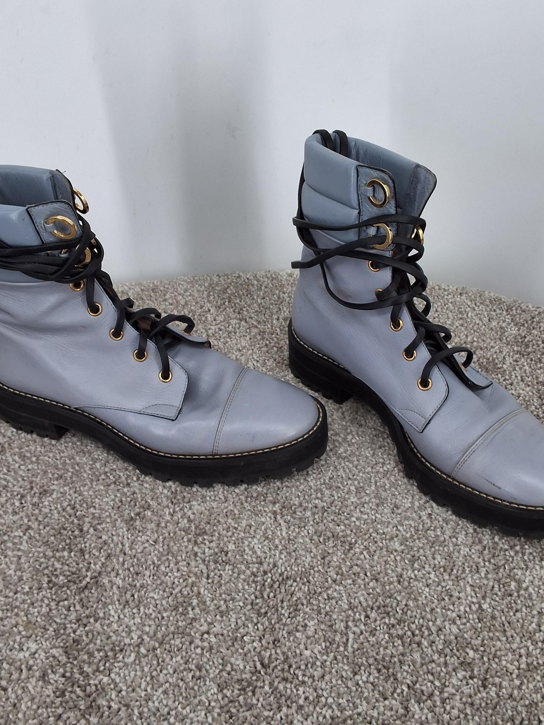Stuart Weitzman Lexy Blue Gray Leather Lace-Up Combat Boots